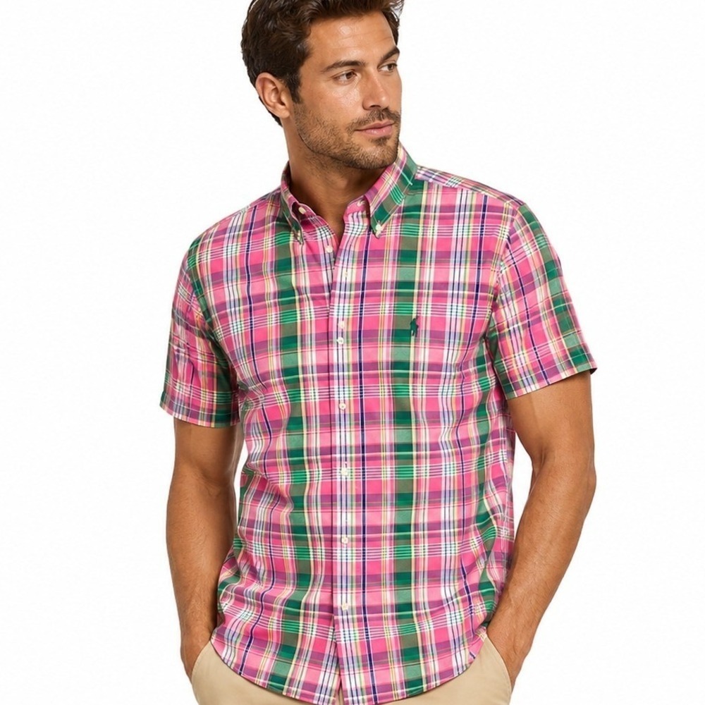 Ralph Lauren Classic Fit Shirt L Pink Green Madras Plaid Pony Logo Cotton Men